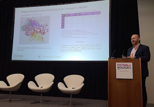 Joshua Lowitz, Antibody Solutions’ Director of Project Management, presenting a segment of “Humanization and Reformatting of Therapeutic Antibody Candidates” at FoB 2024. Photo by Jon Silver.
