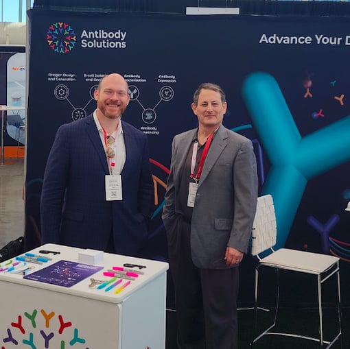 Joshua Lowitz, Director of Project Management (left), and Jon Sliver, Project Manager (right), represented Antibody Solutions at FoB 2024.